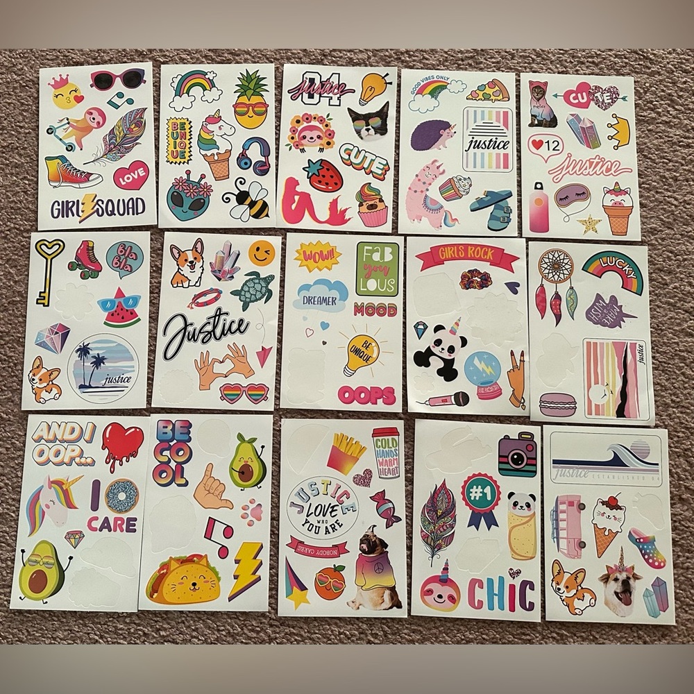 Justice Girls 15 Sticker Sheets - Sloth Unicorn Emoji Llama Hedgehog Corgi Panda